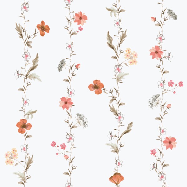 papel de parede botâtico com flores verticales cor coral e verde escuro com fundo branco.