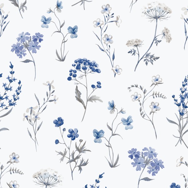 papel de parede botânico, contém diferentes tipos com flores azul marinho que se repetem ao longo do design