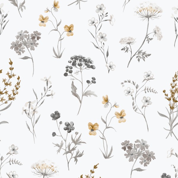 papel de parede botânico, contém diferentes tipos com flores cinza e ocre que se repetem ao longo do design