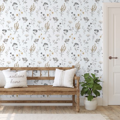 papel de parede botânico, contém diferentes tipos com flores cinza e ocre que se repetem ao longo do design 2