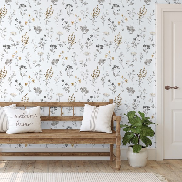 papel de parede botânico, contém diferentes tipos com flores cinza e ocre que se repetem ao longo do design
