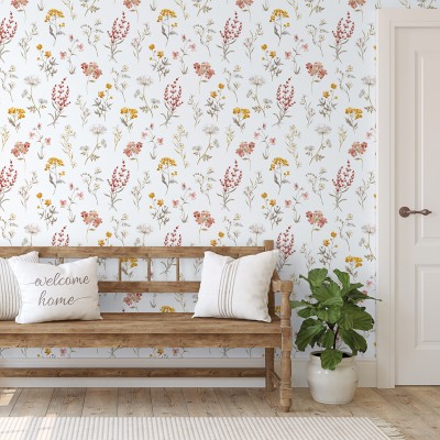 papel de parede botânico, contém diferentes tipos com flores veremlhas, ocre e verde escuro