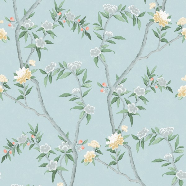 papel de parede estilo chinoiserie, contém ramos e flores em cinza, ocre e verde com fundo verde turquesa