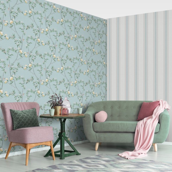 papel pintado estilo chinoiserie, contiene ramas y flores de color gris, ocre y verde con fondo verde turquesa. papel pintado estilo chinoiserie, contiene ramas y flores de color gris, ocre y verde con fondo verde turquesa.