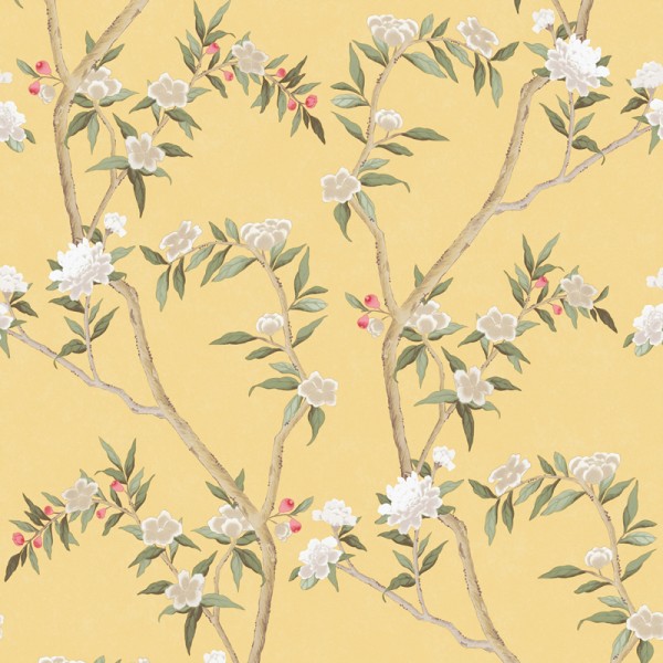 papel de parede estilo chinoiserie, contém ramos e flores em marrom e verde com fundo amarelo