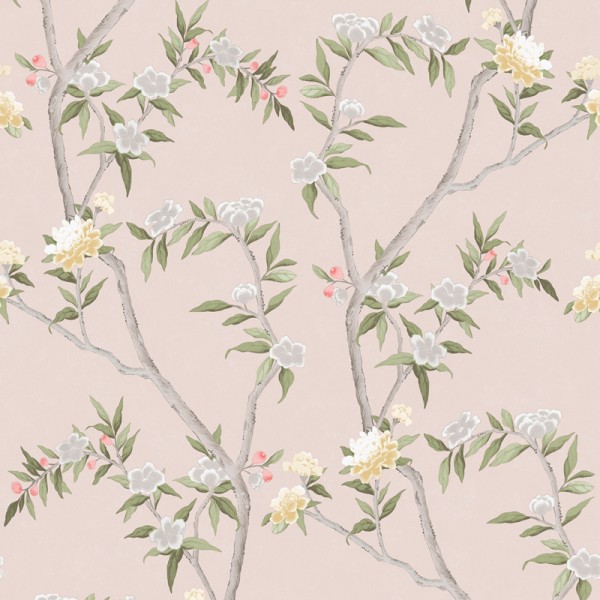 papel de parede estilo chinoiserie, contém ramos e flores em cinza, ocre e verde com fundo rosa nude.