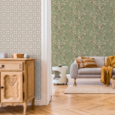papel de parede ramos sakura, cerejeira flores ocre e marrom com fundo verde.