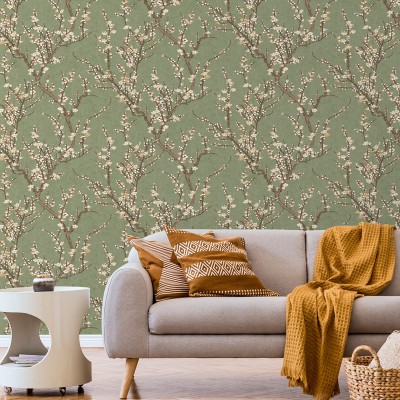 papel de parede ramos sakura, cerejeira flores ocre e marrom com fundo verde.