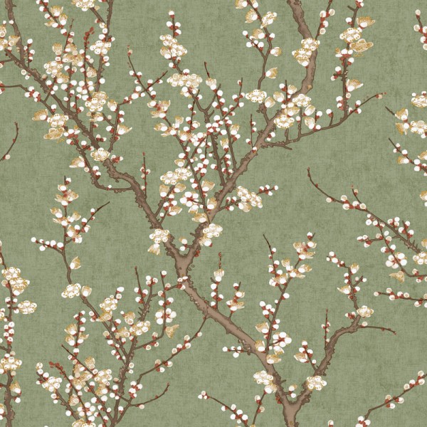 papel de parede ramos sakura, cerejeira flores ocre e marrom com fundo verde.