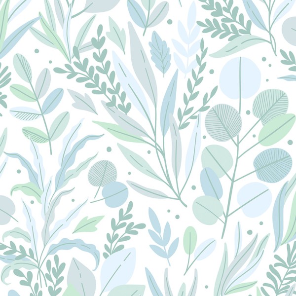 papel de parede cheio de plantas e folhas silvestres cor verde e azul pastel