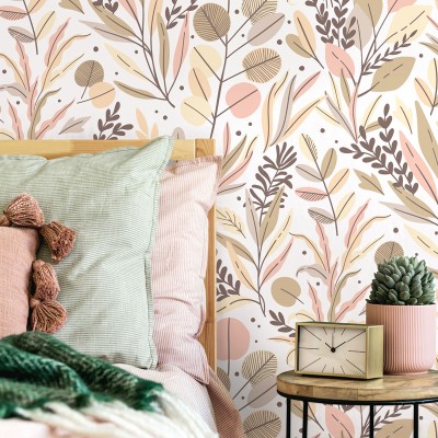 papel pintado lleno de plantas y hojas silvestres de color marrón, beige y  salmón 2