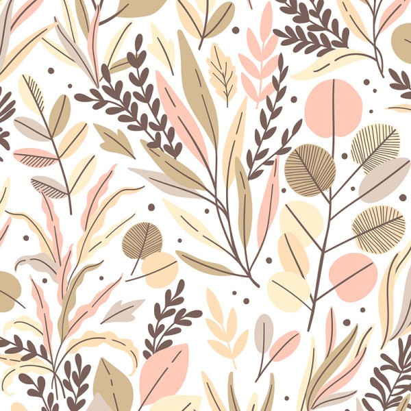 papel pintado lleno de plantas y hojas silvestres de color marrón, beige y  salmón