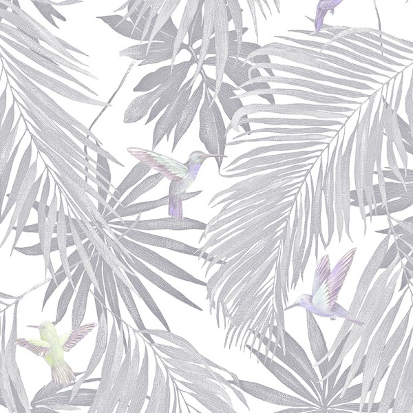 papel de parede tropical com aves cor cinza.