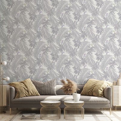 papel de parede tropical com aves cor cinza. 2