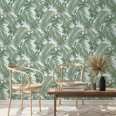 papel de parede tropical com aves cor verde 2