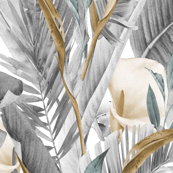 papel pintado tropical con flores y hojas de calas de color gris y ocre