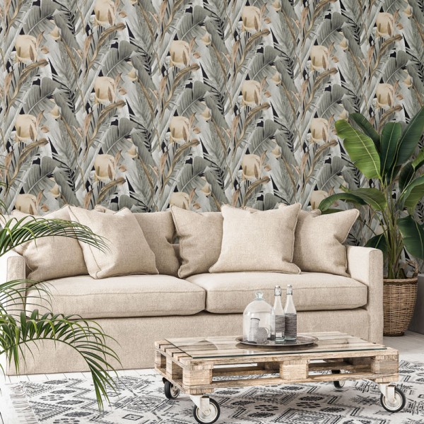papel de parede tropical com flores e folhas de lírio de calla cor verde acinzentado e ocre com fundo preto