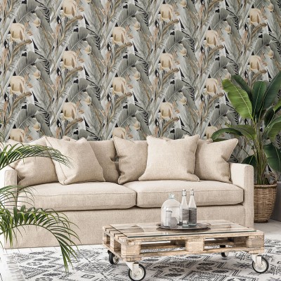 papel de parede tropical com flores e folhas de lírio de calla cor verde acinzentado e ocre com fundo preto