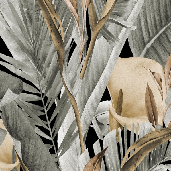 papel pintado tropical con flores y hojas de calas de color verde grisáceo y ocre con fondo negro.