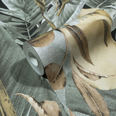 paper pintat tropical amb flors i fulles de cales de color verd grisenc i ocre amb fons negre paper pintat tropical amb flors i fulles de cales de color verd grisenc i ocre amb fons negre