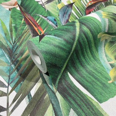 paper pintat tropical amb flors i fulles de cales de color verd i beix.