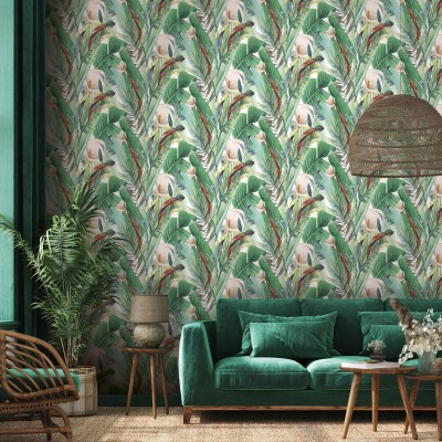 papel de parede tropical com flores e folhas de lírio de calla cor verde e bege. 2