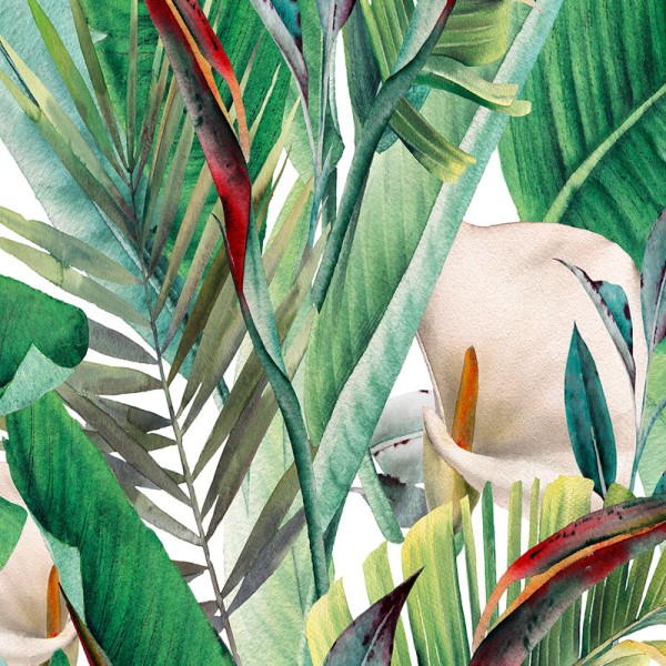 papel de parede tropical com flores e folhas de lírio de calla cor verde e bege.