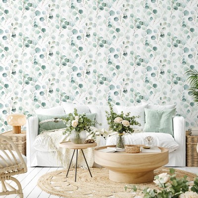 papel pintado con hojas efecto acuarela de color verde 2