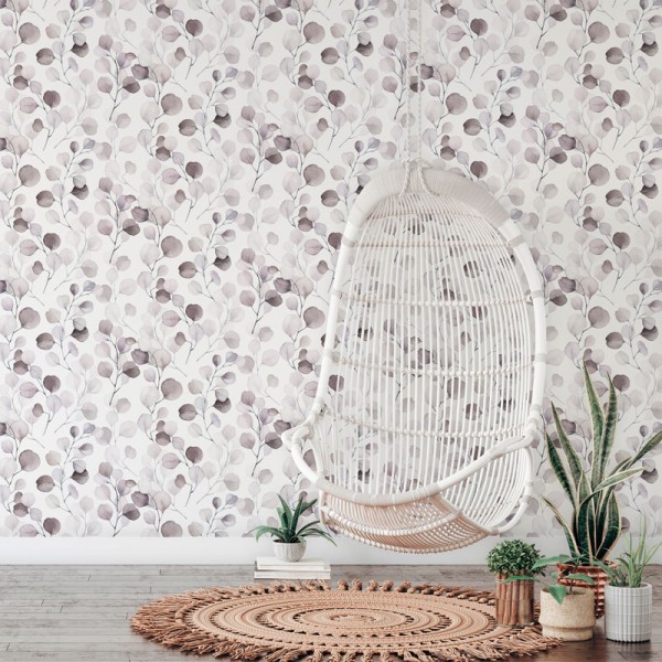 papel pintado con hojas de color malva