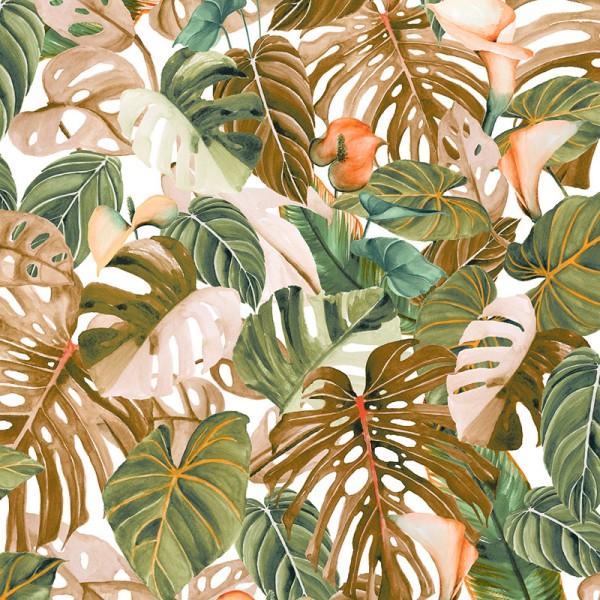 Papel pintado tropical de color naranja y verde