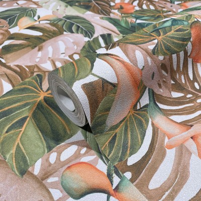 Papel pintado tropical de color naranja y verde Papel pintado tropical de color naranja y verde