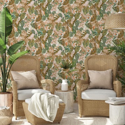 Papel pintado tropical de color naranja y verde 2