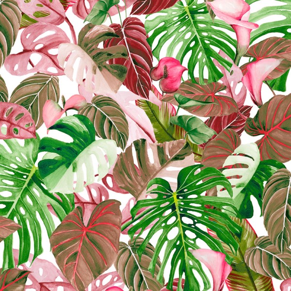 papel de parede tropical com folhas de monstera cor rosa e verde.