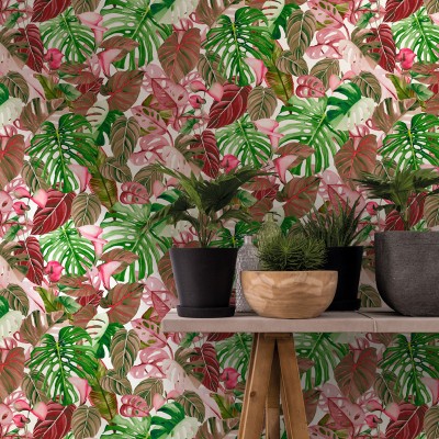 papel pintado tropical con hojas de monstera de color rosa y verde 2