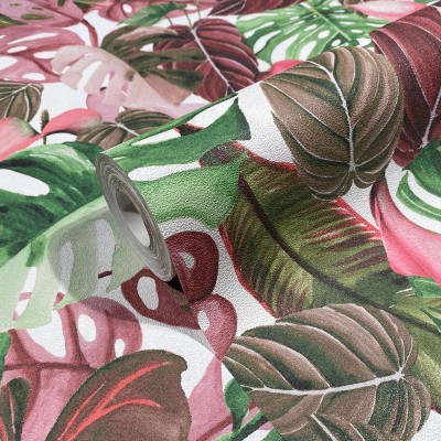 paper pintat tropical amb fulles de monstera de color rosa i verd. paper pintat tropical amb fulles de monstera de color rosa i verd.