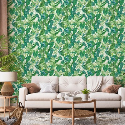 papel pintado tropical con hojas de monstera de color verde.