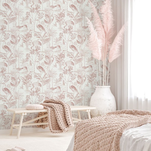 papel de parede tropical com flamingos cor rosa.