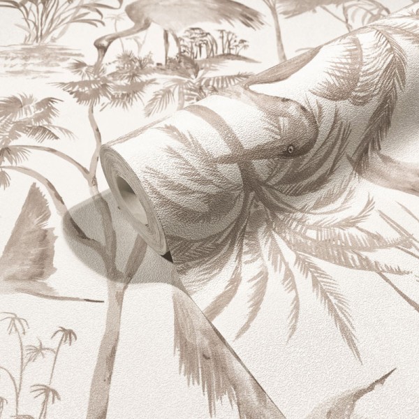 papel pintado tropical con flamencos de color beige.