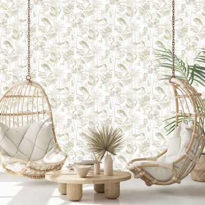 papel de parede tropical com flamingos cor bege. 2