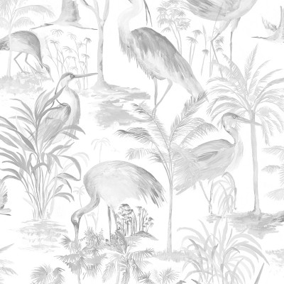 papel pintado tropical con flamencos de color gris.