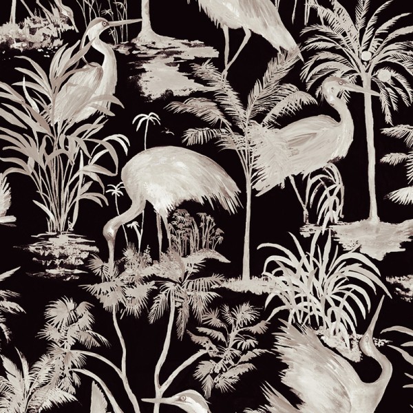 papel pintado tropical con flamencos de color beige con fondo negro.