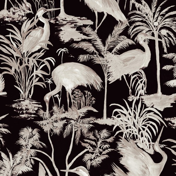 paper pintat tropical amb flamingos de color beix amb fons negre.