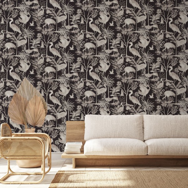 papel de parede tropical com flamingos cor bege com fundo preto. papel de parede tropical com flamingos cor bege com fundo preto.