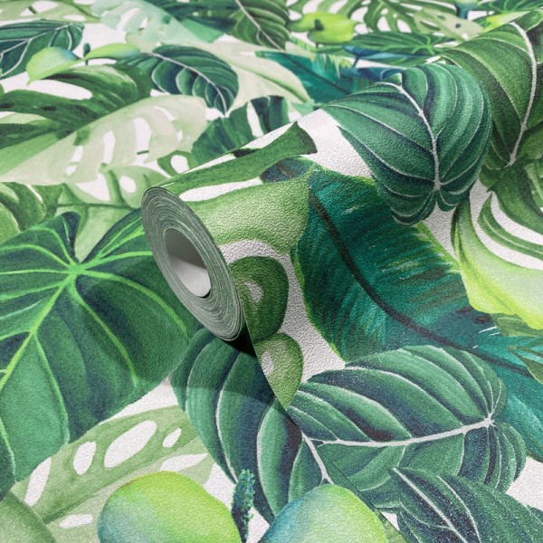 papel de parede tropical com folhas de monstera cor verde.
