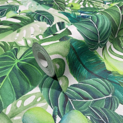papel pintado tropical con hojas de monstera de color verde.