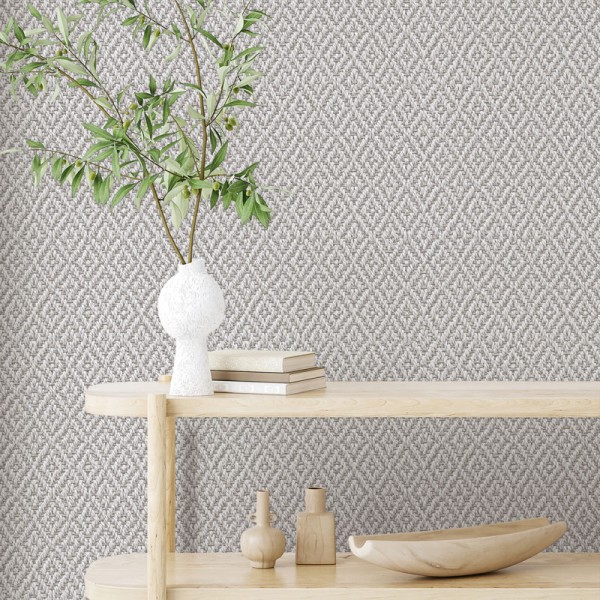 papel pintado efecto rafia con rombos de color gris