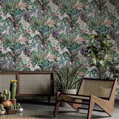 papel pintado jardín floral con fondo blanco 2