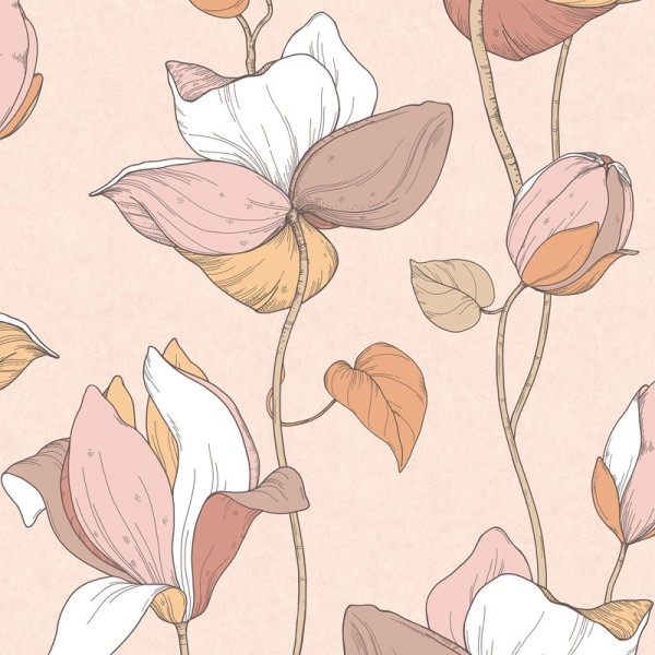 papel de parede floral com grandes flores e ramos em laranja, salmão e branco com fundo laranja claro