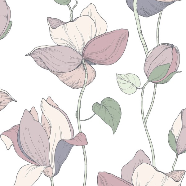 papel pintado floral con flores grandes y ramas de color verde, beige y violeta rosa con fondo blanco.