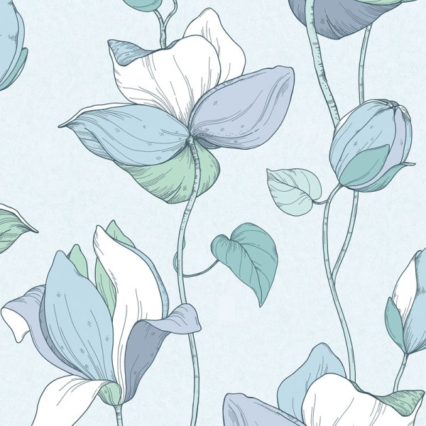 papel de parede floral com grandes flores e ramos em verde, azul claro e branco sobre fundo azul claro.
